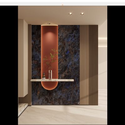 意式 轻奢风 奢石 爱马仕橙 弧形造型 格栅 入户隔断 玄关