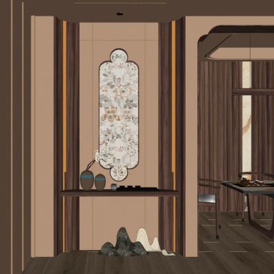 宋式 中古风 环抱式 如意造型 贴花玻璃 入户隔断 玄关