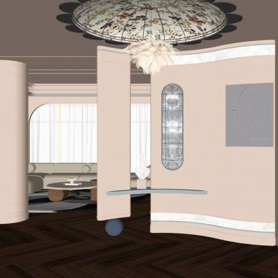 法式 中古风 贴片玻璃 花瓣顶 木纹砖 弧形造型 入户隔断 玄关