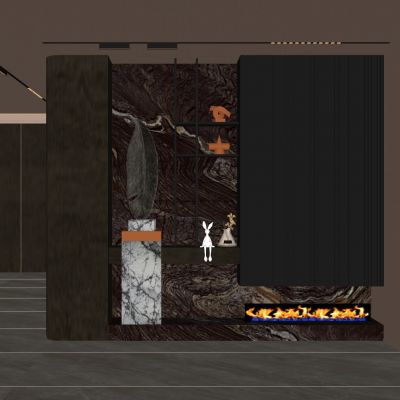 意式 轻奢风 黑金 金属层板 羽毛雕塑 火焰壁炉 玄关