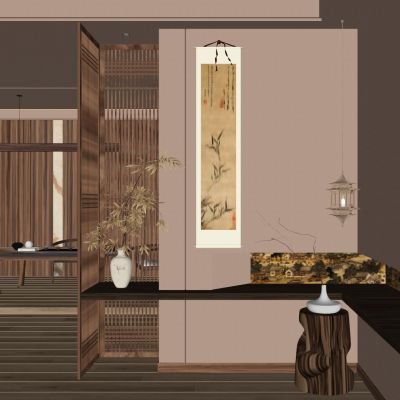 宋式 实木格栅 禅意 壁龛 端景 隔断 地台 茶桌 玄关