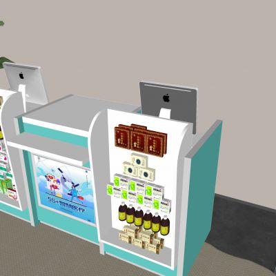 药房前台收银台 药店药品柜药架 苹果台式电脑
