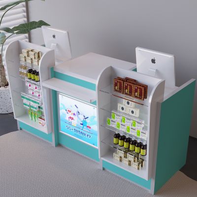 药房前台收银台 药店药品柜药架 苹果台式电脑