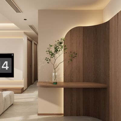 奶油 中古风 实木隔断 弧形造型 无主灯 客厅 玄关