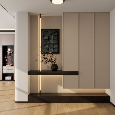 意式 北欧 木纹砖 岩板 端景柜 几何造型 入户玄关