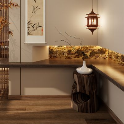 宋式 实木格栅 禅意 壁龛 端景 隔断 地台 茶桌 玄关