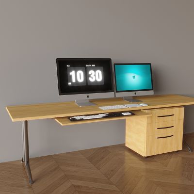 实木办公桌椅键盘 苹果台式电脑鼠标 书桌椅