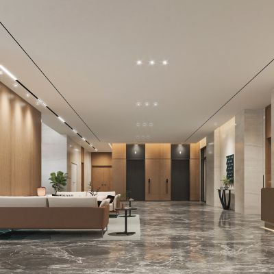 现代办公大厅前台接待休息区3D模型