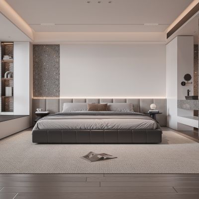 现代卧室 饰品 休闲椅 床头吊灯 无主灯造形吊顶 衣柜