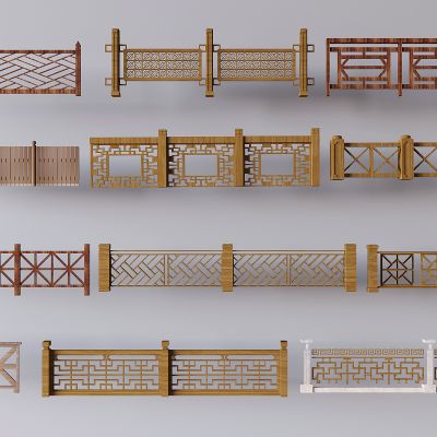 新中式围栏防护栏 楼梯镂空花格扶手 实木栏杆围挡栅栏 