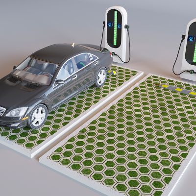 新能源汽车充电站 户外停车场充电桩 植草透水砖车位3D模型