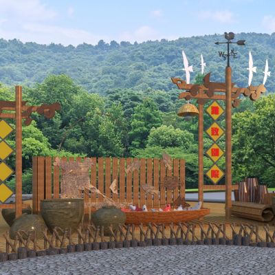 新中式渔文化景墙小品 