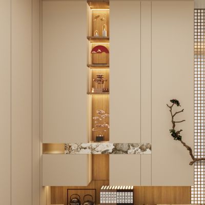 宋式 禅意 实木隔断 造景 端景柜 格栅顶 玄关