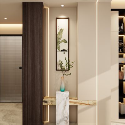 新中式 禅意 墙顶一线灯 鞋柜 端景台 岩板地台 玄关