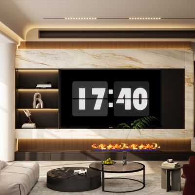 意式 轻奢 内嵌电视 岩板 弧形顶  火焰壁炉 客厅 电视墙