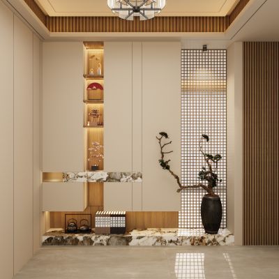 宋式 禅意 实木隔断 造景 端景柜 格栅顶 玄关