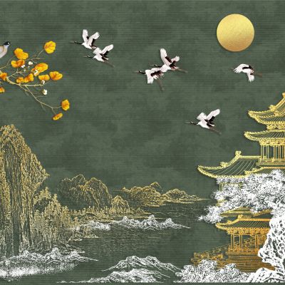 高清新中式亭台楼阁线条肌理背景墙壁画