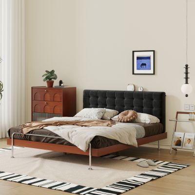 现代中古双人床 实木床 皮质床 主卧床 成品双人床