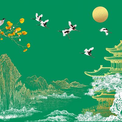 高清新中式亭台楼阁线条肌理背景墙壁画