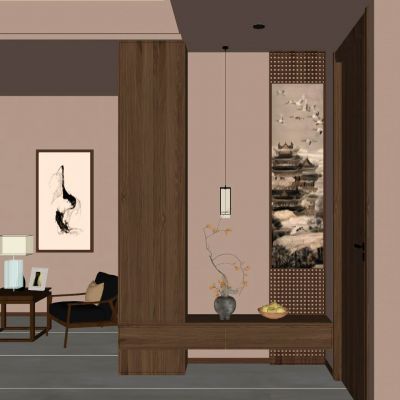 宋式 禅意 实木格栅 造景 端景柜 花瓶 玄关