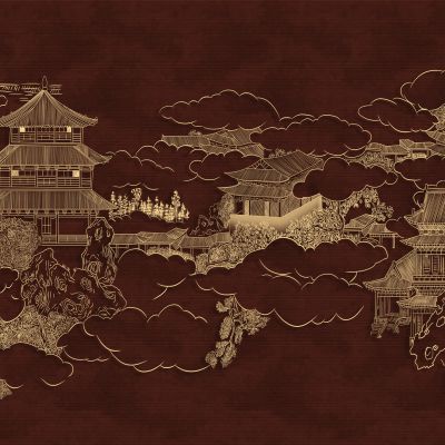 高清新中式亭台楼阁线条肌理背景墙壁画