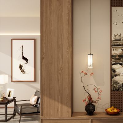 宋式 禅意 实木格栅 造景 端景柜 花瓶 玄关