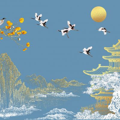 高清新中式亭台楼阁线条肌理背景墙壁画