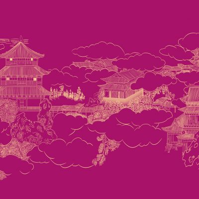 高清新中式亭台楼阁线条肌理背景墙壁画3D贴图