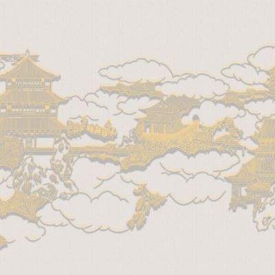 高清新中式亭台楼阁线条肌理背景墙壁画