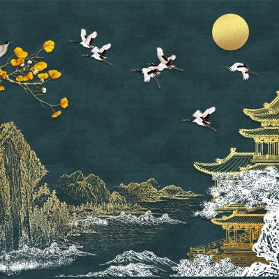 高清新中式亭台楼阁线条肌理背景墙壁画