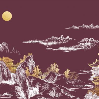 高清新中式亭台楼阁线条肌理背景墙壁画