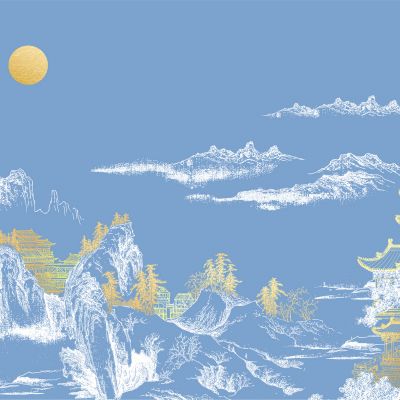 高清新中式亭台楼阁线条肌理背景墙壁画