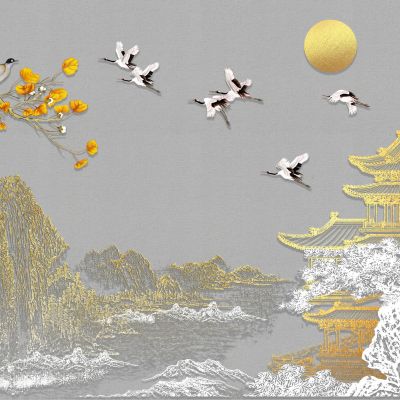 高清新中式亭台楼阁线条肌理背景墙壁画