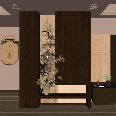 宋式 禅意 国风画 端景柜 挂画 宫灯 吊灯 玄关