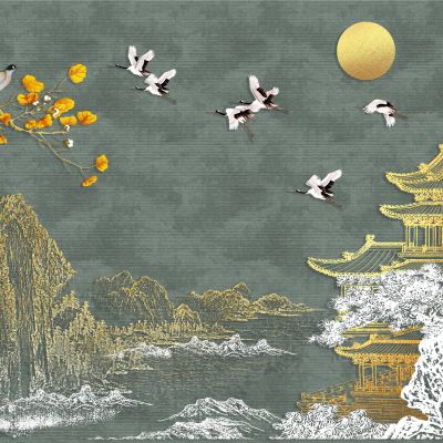 高清新中式亭台楼阁线条肌理背景墙壁画