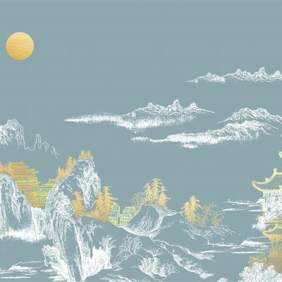 高清新中式亭台楼阁线条肌理背景墙壁画