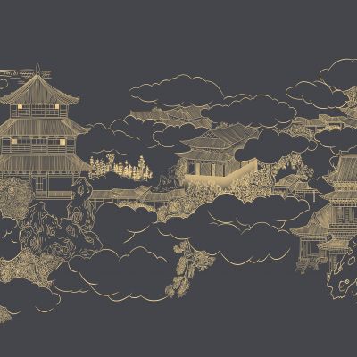 高清新中式亭台楼阁线条肌理背景墙壁画