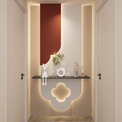 简约 奶油风 弧形造型 爱马仕橙 大理石 走廊端景