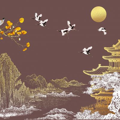 高清新中式亭台楼阁线条肌理背景墙壁画