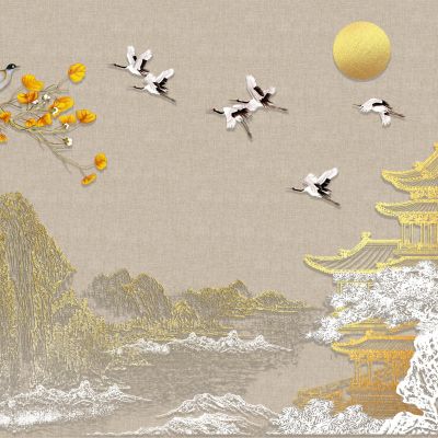 高清新中式亭台楼阁线条肌理背景墙壁画