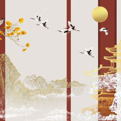高清新中式亭台楼阁线条肌理背景墙壁画