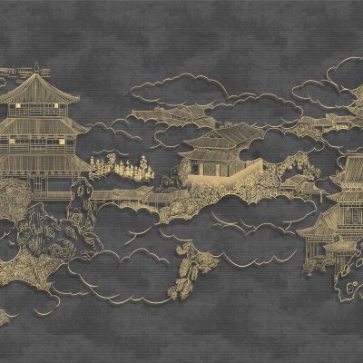 高清新中式亭台楼阁线条肌理背景墙壁画