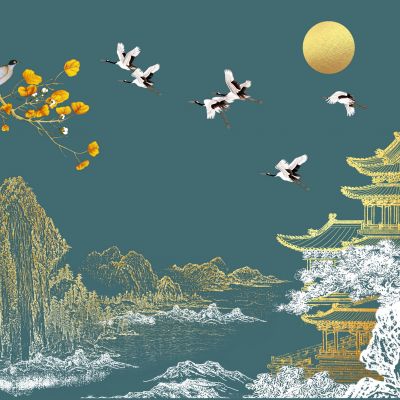 高清新中式亭台楼阁线条肌理背景墙壁画