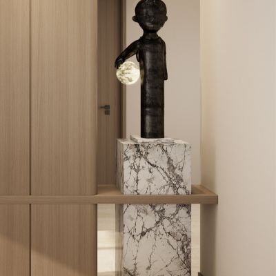  北欧 奶油风 雕塑 隔断 透景 实木顶 挂画 岩板地台 玄关