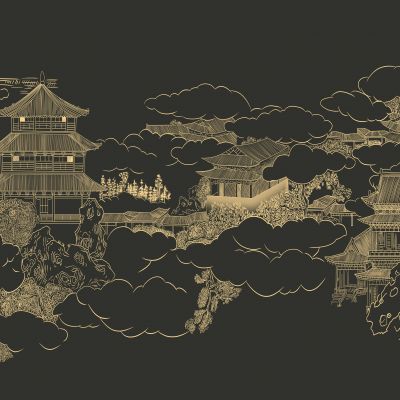 高清新中式亭台楼阁线条肌理背景墙壁画3D贴图