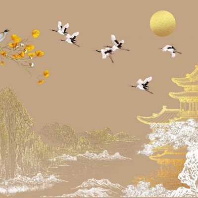 高清新中式亭台楼阁线条肌理背景墙壁画