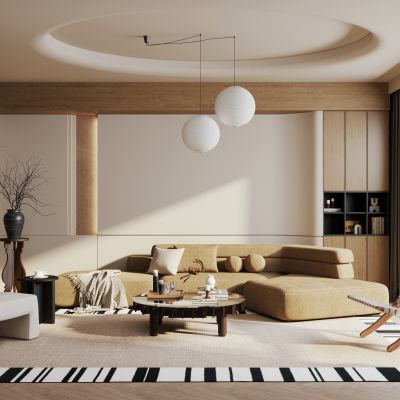 侘寂复古家居客厅 横厅 大平层客厅 侘寂客厅