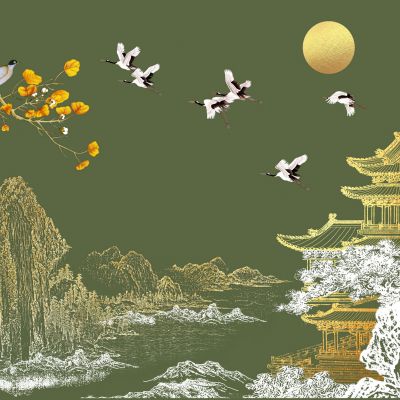 高清新中式亭台楼阁线条肌理背景墙壁画