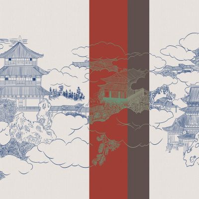 高清新中式亭台楼阁线条肌理背景墙壁画