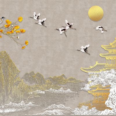 高清新中式亭台楼阁线条肌理背景墙壁画